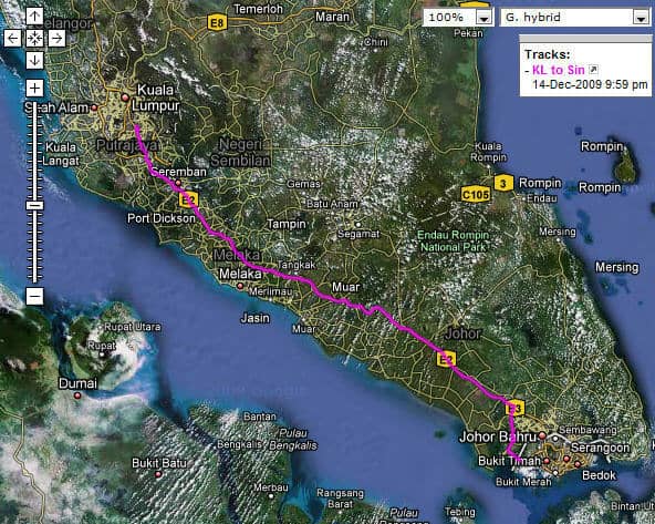 Motion X GPS Lite shows my drive from KL to Singapore