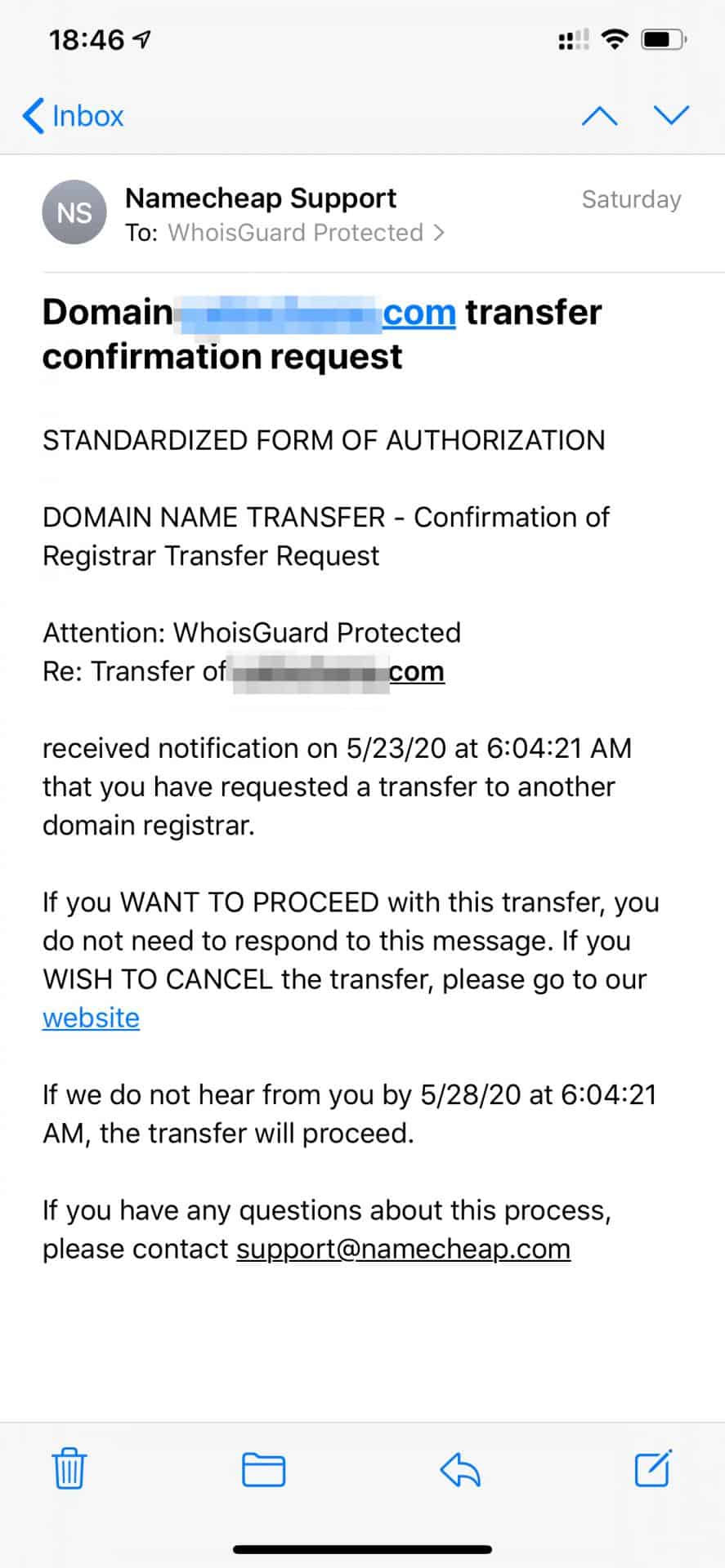Namecheap Confirmation of Domain Transfer 