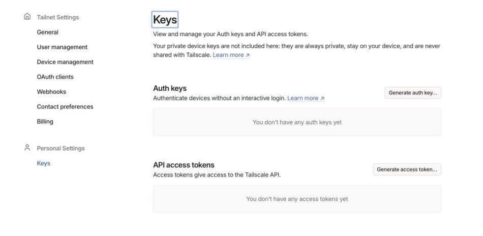 Using TSDProxy with existing Dockers in Portainer : Hope This Works 9 Tailscale settings page showing Auth keys and API access tokens. No keys or tokens yet.