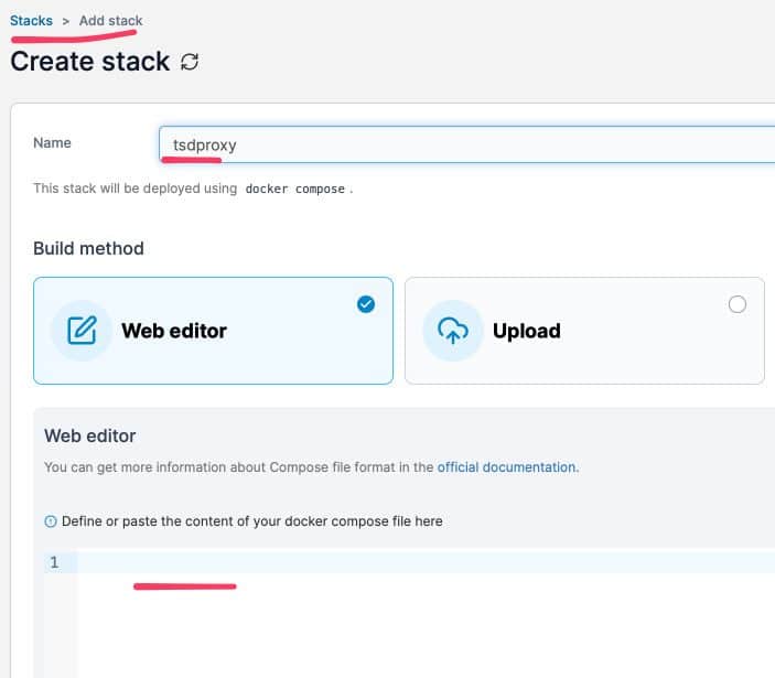 Using TSDProxy with existing Dockers in Portainer : Hope This Works 5 Portainer screen showing TSDProxy stack creation using a web editor.