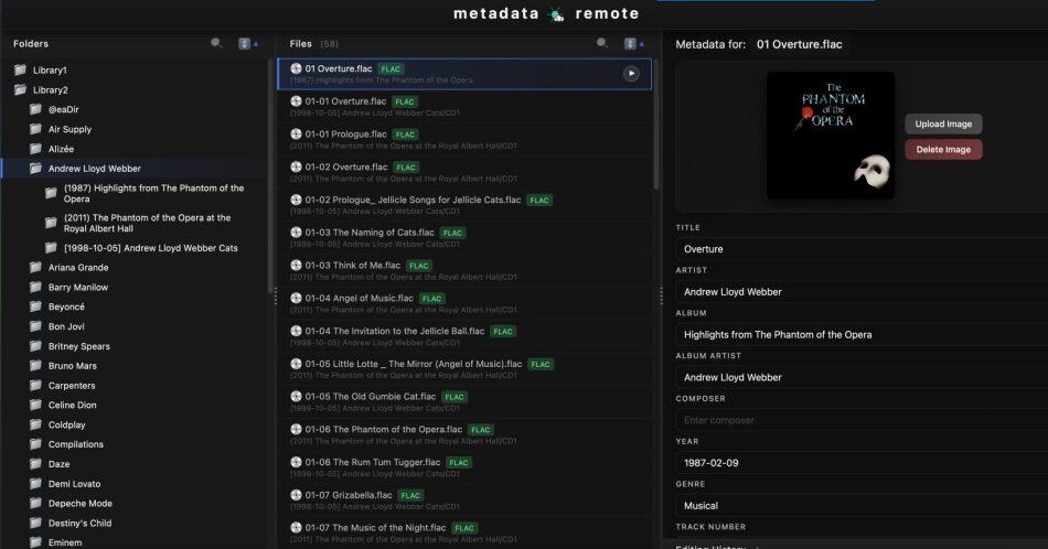 Metadata Remote as a Docker to Update Plex Music Library : GOOD TOOL 8 Metadata Remote interface showing music file details and album art for "The Phantom of the Opera.