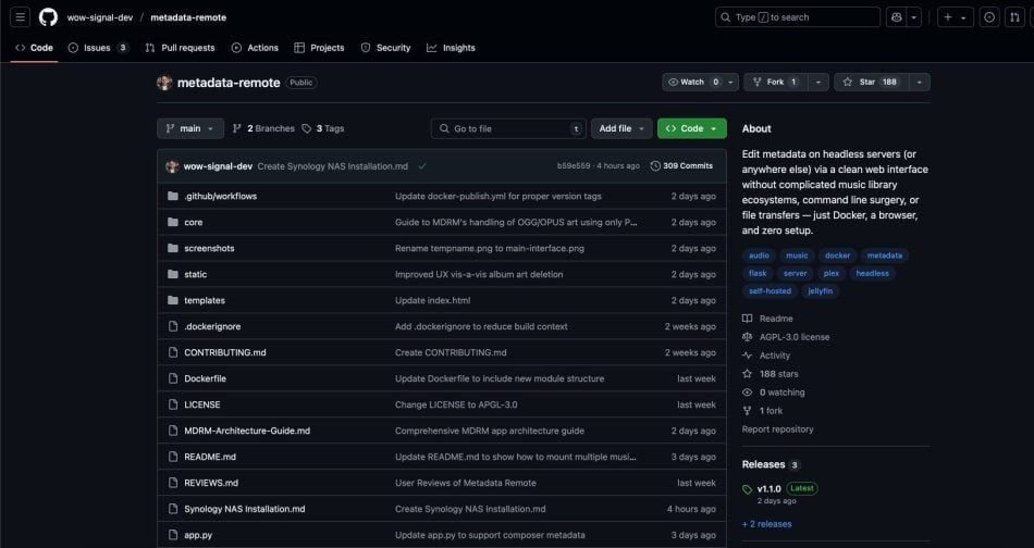 Metadata Remote as a Docker to Update Plex Music Library : GOOD TOOL 2 Metadata Remote GitHub repository overview showing files and recent commits.
