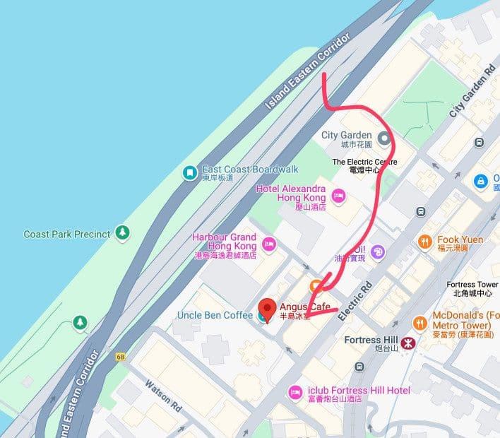 Angus Cafe and Uncle Ben Coffee : Excellent Choice After A Walk 2 Map showing Angus Cafe and Uncle Ben Coffee in Fortress Hill, Hong Kong.