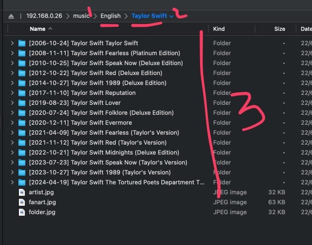 Metadata Remote as a Docker to Update Plex Music Library : GOOD TOOL 9 Screenshot of a file explorer showing a directory of Taylor Swift albums, using Metadata Remote to update a Plex music library.