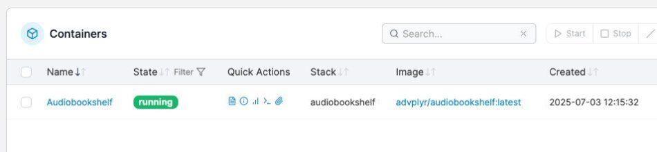 Screenshot of running Audiobookshelf container, self-hosted with Tailscale.