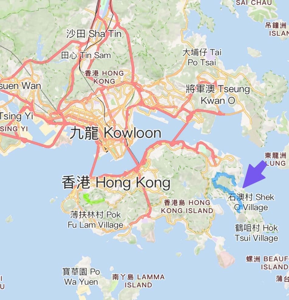 Hong Kong Dragon Back Hike : Beautiful Hike with a Different Ending 2 Map highlighting the Hong Kong Dragon's Back hiking trail on Hong Kong Island.