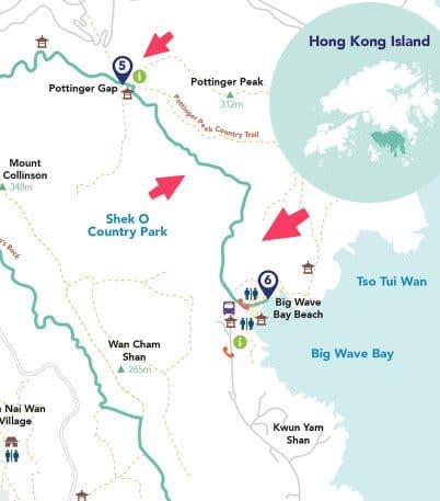 Hong Kong Dragon Back Hike : Beautiful Hike with a Different Ending 52 Map of Hong Kong Dragon's Back Hike trail, highlighting key points like Pottinger Gap and Big Wave Bay Beach.