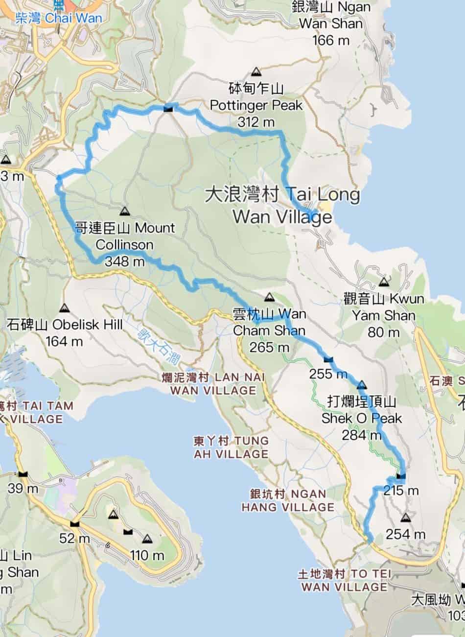 Hong Kong Dragon Back Hike : Beautiful Hike with a Different Ending 4 Map of Hong Kong Dragon's Back hiking trail showing trail route and elevation.
