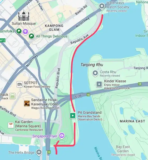 Kallang Riverside Park to MBS : with a pit stop at F1 19 Map of the route from Kallang Riverside Park to MBS, showing roads and landmarks.