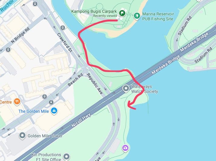 Kallang Riverside Park to MBS : with a pit stop at F1 8 Map showing a route from Kampong Bugis Carpark to Waterways Watch Society near Merdeka Bridge, part of Kallang Riverside Park to MBS.