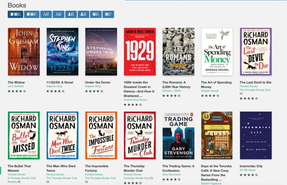 Book covers featuring titles like "The Widow," "11.22.63," "The Thursday Murder Club," and "Insomniac City in My Calibre Web Library 1st Nov 2025