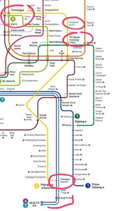KLIA Express route map showing stations from KLIA to KL Sentral, Titiwangsa, and Persiaran KLCC.