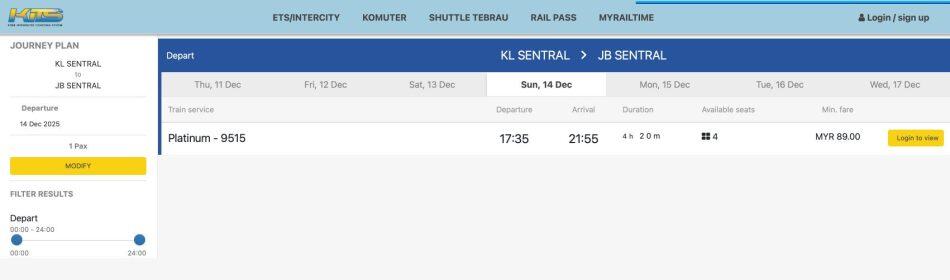 ETS train schedule KL Sentral to JB Sentral for business class, showing 4 seats available on December 14.