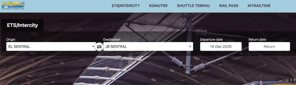 ETS KL to JB train booking form showing KL Sentral to JB Sentral, December 14, 2025.