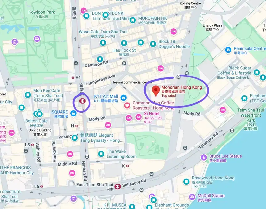 Map of Tsim Sha Tsui, Hong Kong, highlighting the location of Mondrian Hong Kong.
