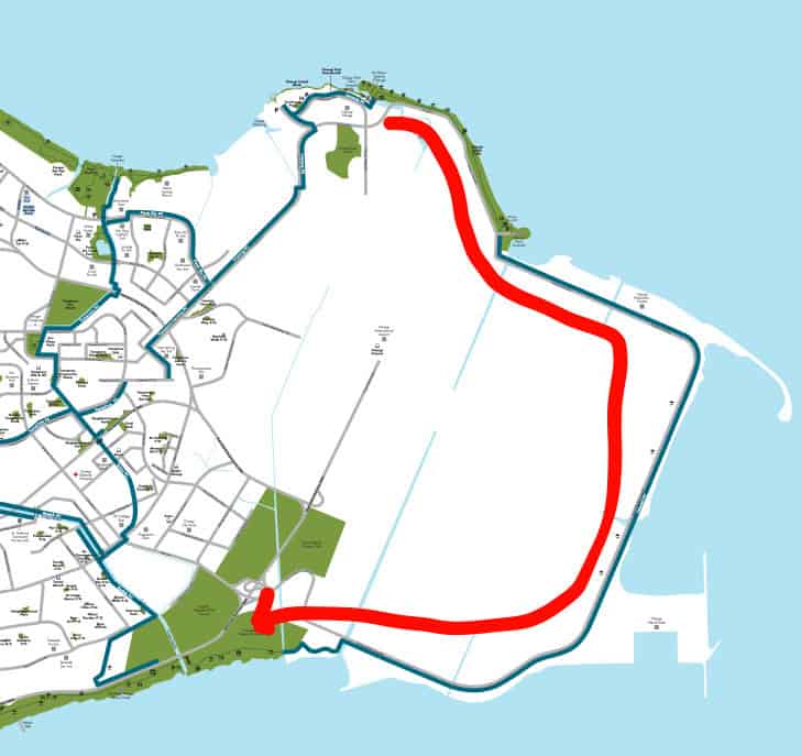 Map showing the cycling route from Changi Beach to East Coast Park, Singapore, highlighted in red.