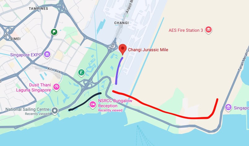 Map of cycling route from Changi Beach to East Coast Park, highlighting Changi Jurassic Mile.