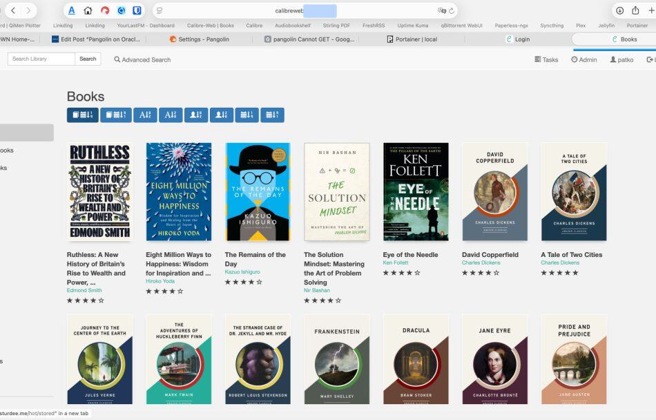 Calibre-Web book library showcasing various book covers, useful for installing Pangolin on Oracle Cloud 2026.