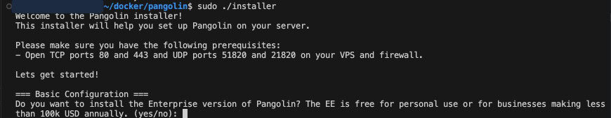 Pangolin installer script in terminal, asking about Enterprise version. Pangolin on Oracle Cloud setup.