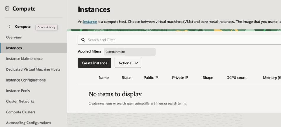 Oracle Cloud Compute Instances page: "No items to display." Create a Pangolin on Oracle Cloud instance.