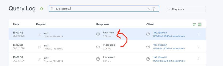 Unifi query log showing rewritten DNS requests for IP 192.168.0.57, related to Unifi Devices Offline Due to AdGuard.