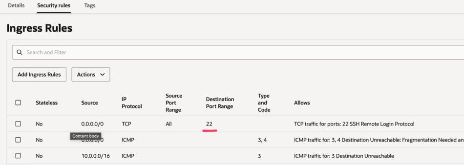 Oracle Cloud Ingress Rules showing SSH port 22 configuration