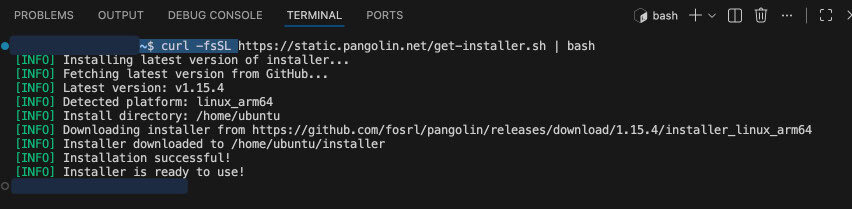 Terminal output showing Pangolin installation on Linux ARM64, successful installation message.