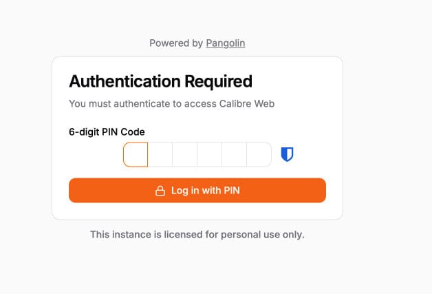 Calibre Web authentication screen with 6-digit PIN code entry, powered by Pangolin on Oracle Cloud.