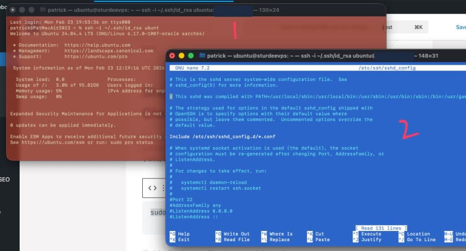 Changing SSH port for Oracle Cloud: Editing the sshd_config file in a terminal window.