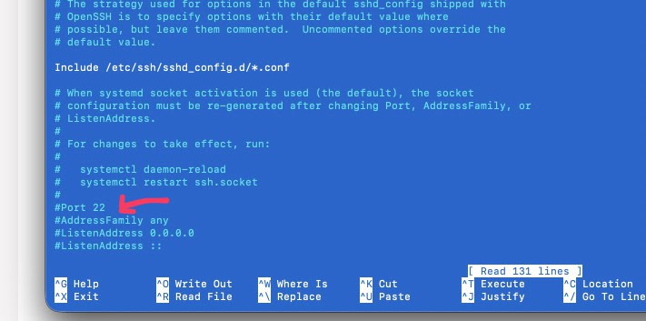 Changing SSH port for Oracle Cloud: SSH config file showing port 22 commented out.