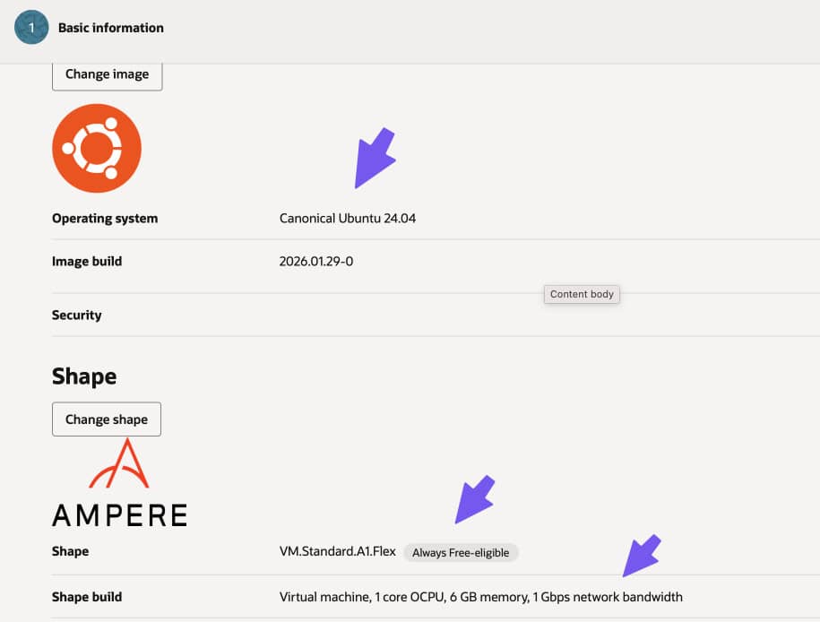 Pangolin on Oracle Cloud: Ubuntu 24.04 VM configuration with Ampere shape, 1 OCPU, 6 GB memory, and 1 Gbps bandwidth.