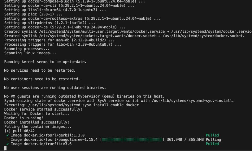 Screenshot of successful Pangolin installation on Oracle Cloud, showing Docker image pulls.