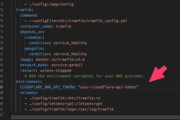 Code snippet showing the environment variable for the Cloudflare DNS API token in a Pangolin on Oracle Cloud setup.