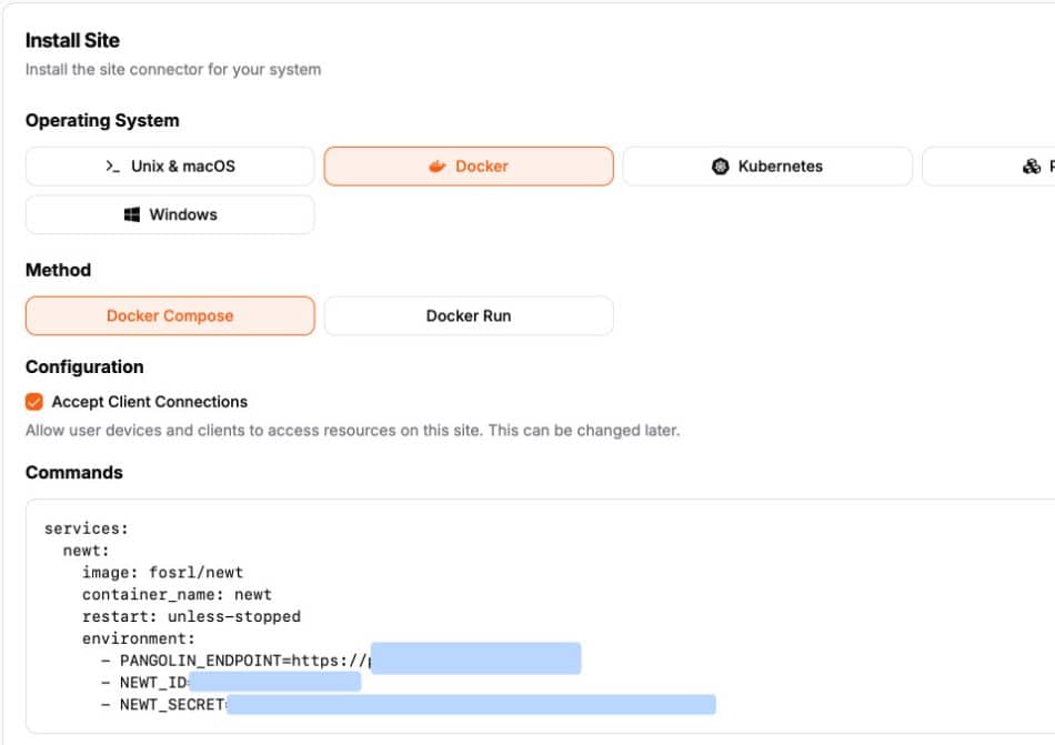 Pangolin on Oracle Cloud install settings: Docker, Docker Compose, Accept Client Connections, and commands.