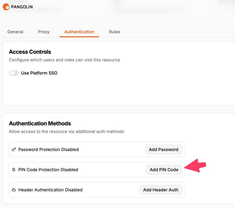 Pangolin authentication settings: PIN code protection disabled, with an arrow pointing to "Add PIN Code".