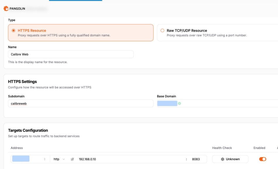 Pangolin configuration for HTTPS resource, showing Calibre Web settings and target address 192.168.0.10:8083.