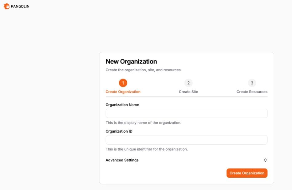 Pangolin new organization setup screen: create organization, site, and resources on Oracle Cloud.