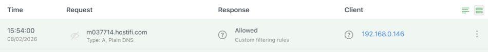 AdGuard DNS log showing allowed request from client 192.168.0.146 for hostifi.com. Unifi devices offline due to AdGuard.