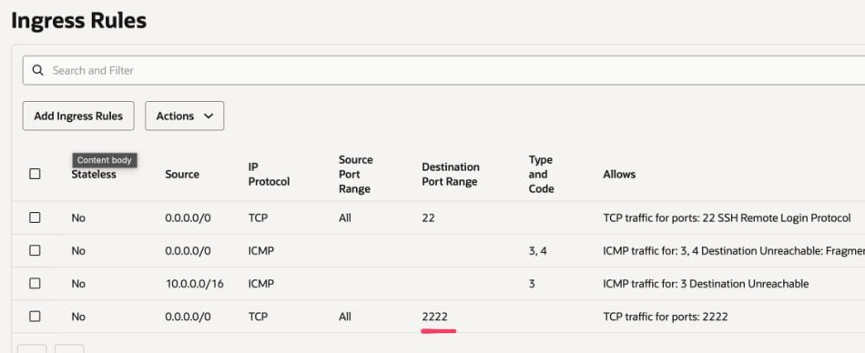Oracle Cloud Ingress Rules showing open ports 22 (SSH) and 2222. Changing SSH port for Oracle Cloud.
