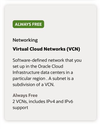 Virtual Cloud Networks (VCN) on Oracle Cloud offer Always Free networking, including IPv4 and IPv6 support.
