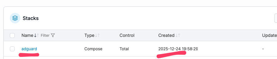 AdGuard stack in Unifi, showing "adguard" name, "Compose" type, "Total" control, and creation date 2025-12-24. Unifi Devices Offline Due to AdGuard.