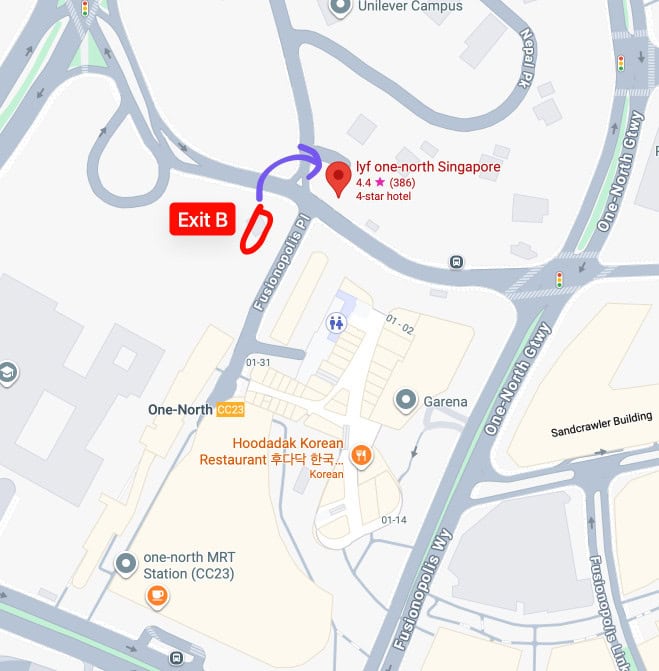 Map showing directions to Lyf One-North Singapore from Exit B.