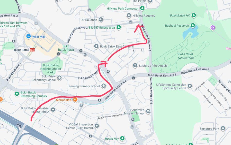 Ulu Pandan PCN to Hillview MRT : A Simple Morning Walk 36 Map showing the route from Bukit Batok Swimming Complex to Hillview Regency, related to Ulu Pandan PCN to Hillview MRT.