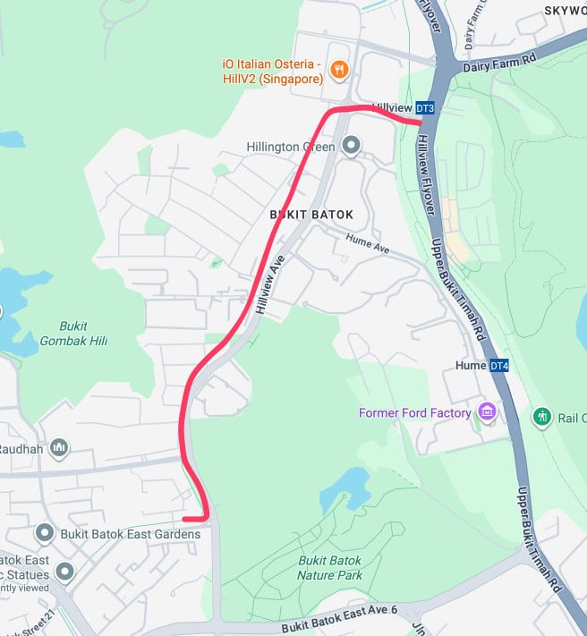 Ulu Pandan PCN to Hillview MRT : A Simple Morning Walk 49 Map showing the route from Bukit Batok East Gardens to Hillview MRT (DT3), relevant to Ulu Pandan PCN to Hillview MRT.