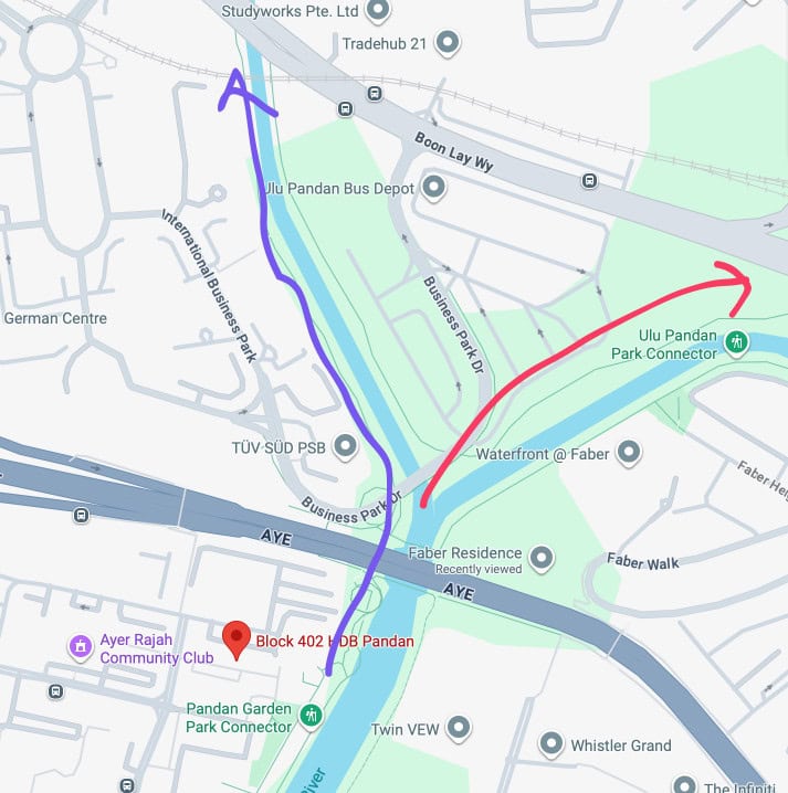 Ulu Pandan PCN to Hillview MRT : A Simple Morning Walk 12 Map showing the route from Block 402 HDB Pandan to Ulu Pandan Park Connector, relevant to the Ulu Pandan PCN to Hillview MRT walk.