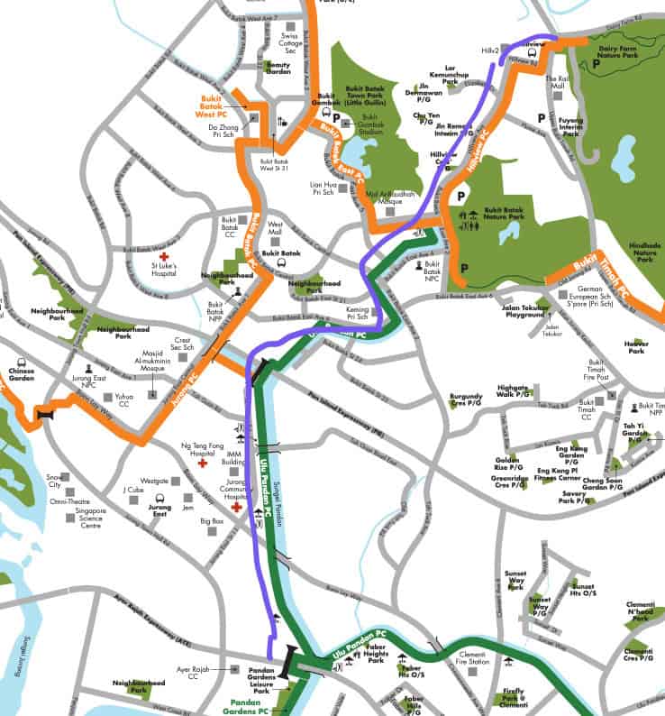 Ulu Pandan PCN to Hillview MRT : A Simple Morning Walk 2 Map of Ulu Pandan Park Connector (PCN) to Hillview MRT, Singapore, showing parks and routes.