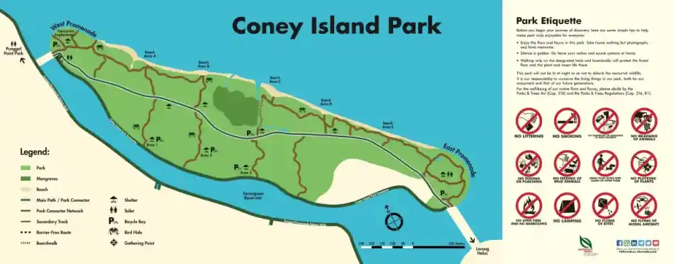 Map of Coney Island Park Singapore showing trails, beaches, and park etiquette.