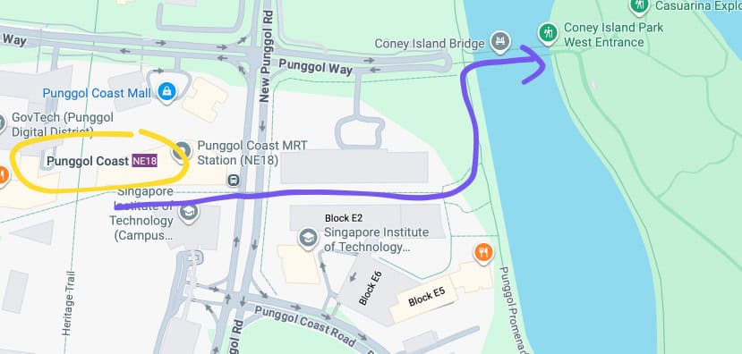 Map showing route to Coney Island Park West Entrance from Punggol Coast MRT