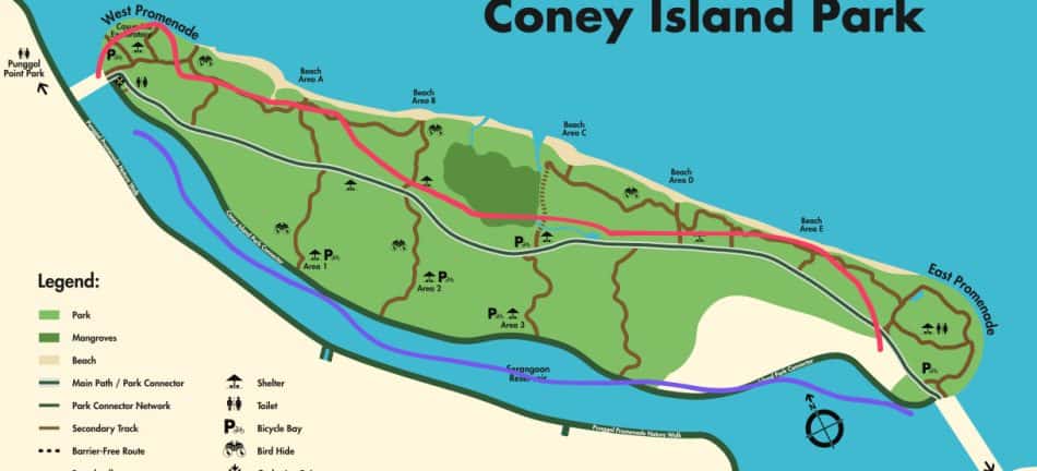 Map of Coney Island Park Singapore showing hiking trails, beaches, and amenities.