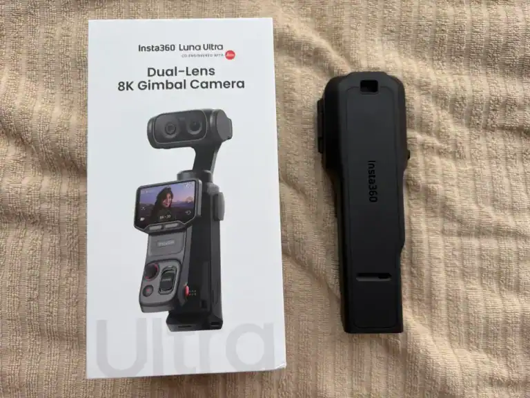 Insta360 Luna Ultra unboxing with camera and accessories on a beige cloth
